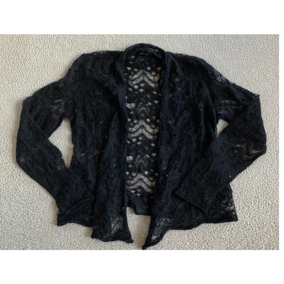 Eileen Fisher Cardigan Small Mohair Wool Open Knit Crochet Sheer Black Classic - Picture 1 of 16